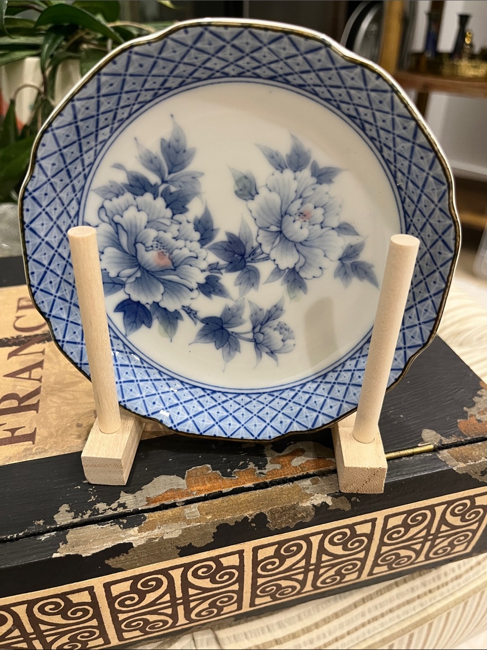 Vintage Japanese Blue and White Peony Porcelain Plate